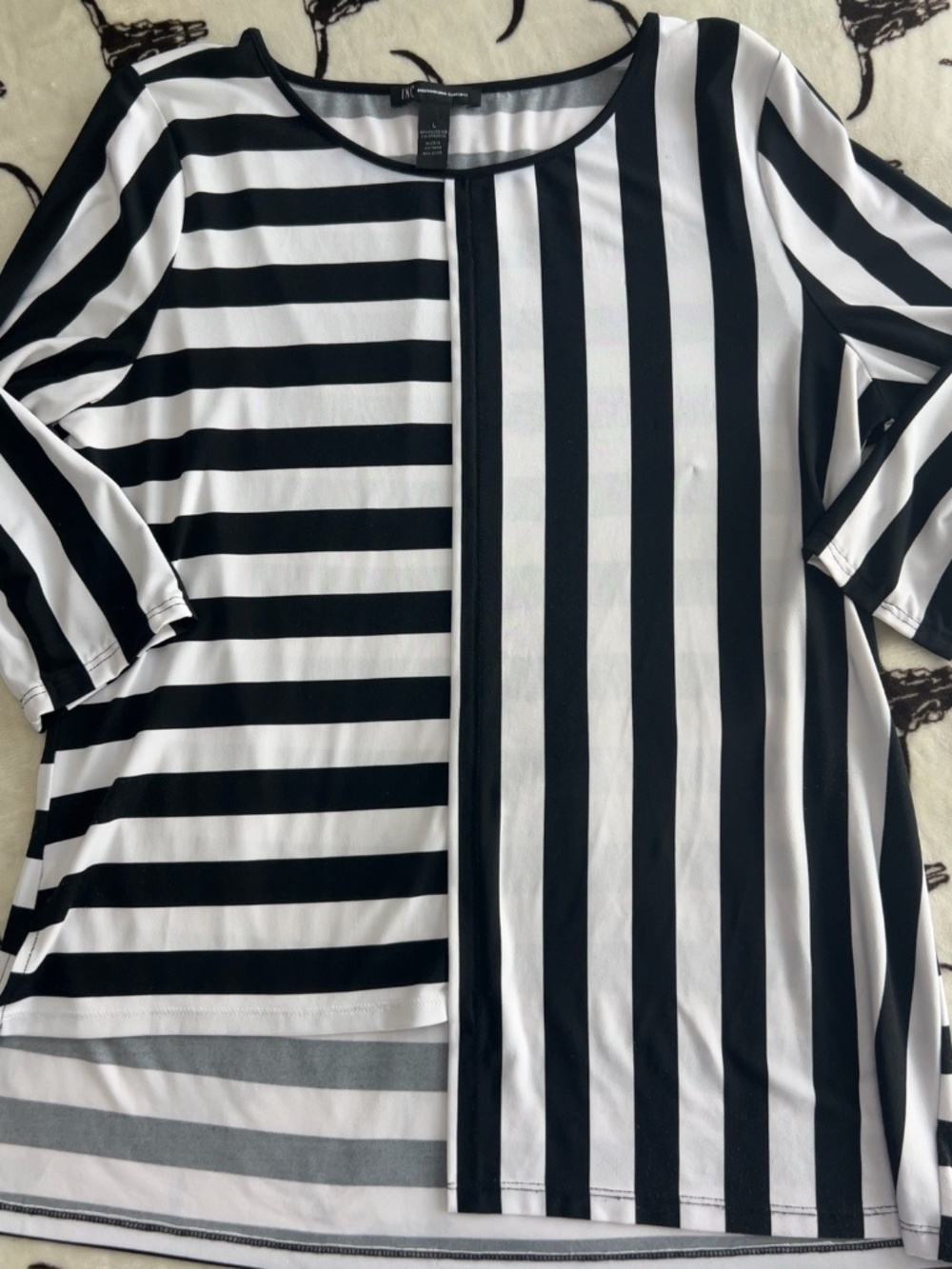 INC International Concepts Black White Mixed Stripe Tunic Top Large